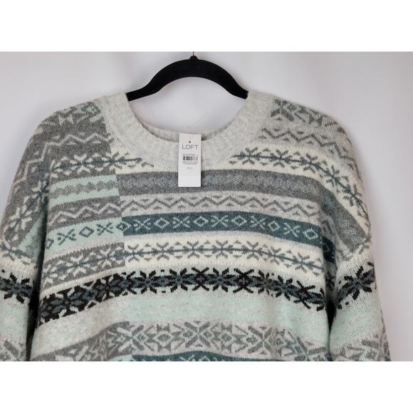 Loft Women's Patchwork Fair Isle Sweater Blue Teal Gray Brown Ivory Size XXL - Picture 2 of 9